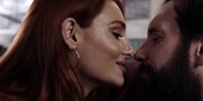 Redhead lady goes down to suck that big hard shaft