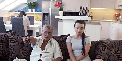 Daddy4K. Old Nerdy Man Nails Sons Naive Girlfriend Right Behind Guys Back