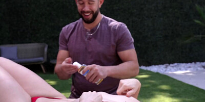 Sophia Burns gets oiled up by dad's neighbor before asking him to fuck her while daddy's gone