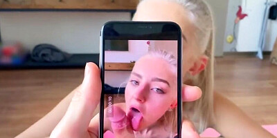 Teen blonde is filmed while gently licking and sucking a massive johnson