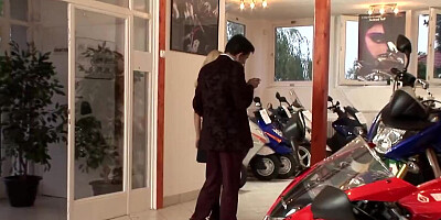 Group sex happens in a bike store when two busty babes want