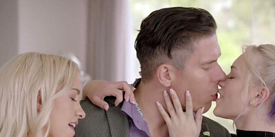 Two angelic blonde dolls are taking turns on the gentleman's dick