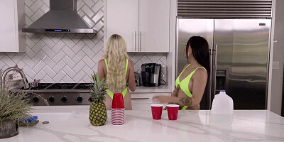 Passionate outdoor FFM threesome next to a swimming pool