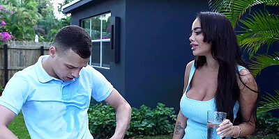 Busty Latina Victoria Juna squeezes tits while taking a hard cock
