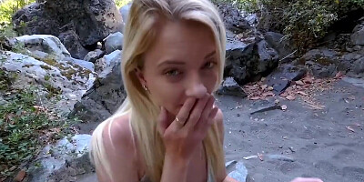 Blonde chick sucks a cock and gets fucked by the creek