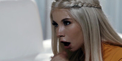 Teen blonde girl has a big crush on her handsome bearded stepdaddy