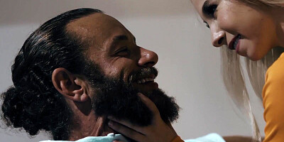 Teen blonde girl has a big crush on her handsome bearded stepdaddy