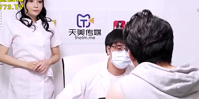 Sexy Asian nurse with big natural tits and big butts teasing her big dick customer to fuck her wet pussy