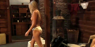 Three beautiful slave babes massaging and oiling a beautiful blonde slave