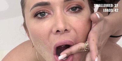 Cum-thirsty girl sucks a lot of cocks and swallows semen
