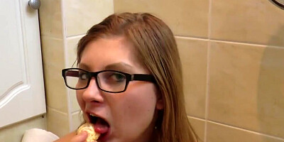 Stepmom with Glasses Helps with a Blowjob