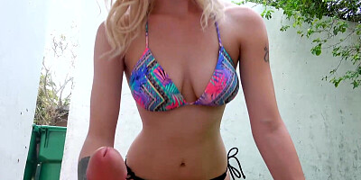 Blonde goddess in a bikini does a crazy dick riding outdoors