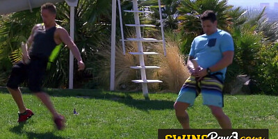 Morning games with hot swinger couples playing naked outdoors.