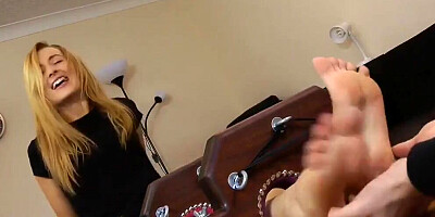 Strapped up blonde giggles while master tickles her exposed feet