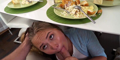 Blonde PAWG Alyssa Cole jerking him under the table