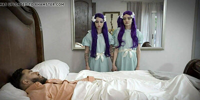 Twin stepsisters blow and fuck man's big dick