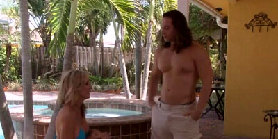 Long-haired dude fucks a lovely blonde MILF by the pool
