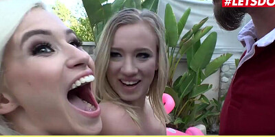 Two blonde chicks are having fun with a thick cock at a swimming pool