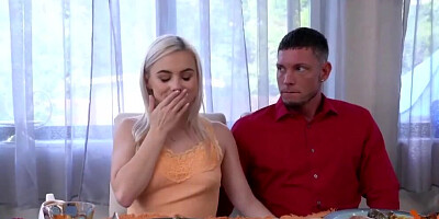 Blonde cougar is havign sex with her lover in the kitchen