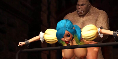 Big monster bangs a cuffed fantasy girl elf in the dungeon