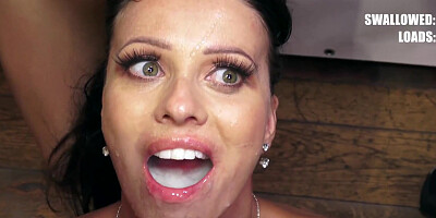 Cum-thirsty MILF sucks a lot of cocks and gets messy facials