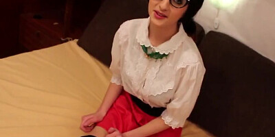 Nerdy girl sucks a big sausage and gets plowed hard