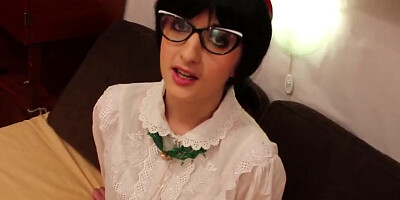 Nerdy girl sucks a big sausage and gets plowed hard