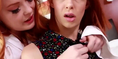 Busty stepmom licking and toying with young redhead