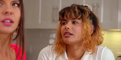 Oiled-up babes are strap-on fucking in lesbian 3some scene