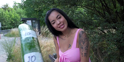 Public Agent Asian hottie lets him insert a cucumber into her pussy to test her depth