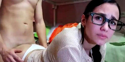 Slim and nerdy cutie with glasses fucked rough after a sensual blowjob