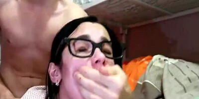 Slim and nerdy cutie with glasses fucked rough after a sensual blowjob