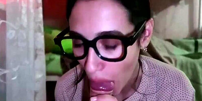 Slim and nerdy cutie with glasses fucked rough after a sensual blowjob
