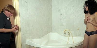 Old Grandpa Fucks Innocent Teen in Bathroom and Cums in her Mouth