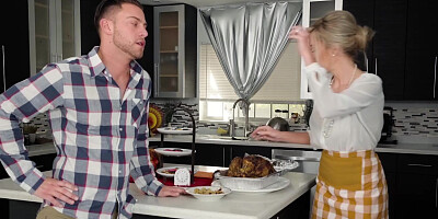 Blonde MILF blows husband's friend and gets licked in the kitchen