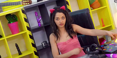 Tiny brunette has her pussy teased by a vibrator before hardcore pounding