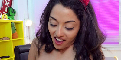 Tiny brunette has her pussy teased by a vibrator before hardcore pounding