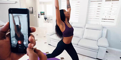 Ebony doll constantly has her workout sessions interrupted by her horny lover and his BBC