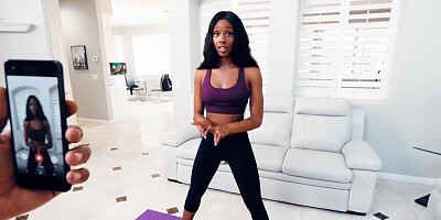 Ebony doll constantly has her workout sessions interrupted by her horny lover and his BBC