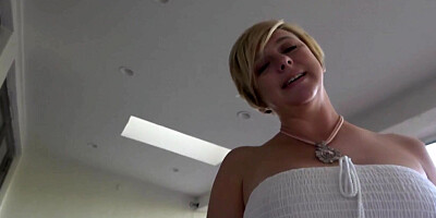 Short-haired MILF sucks stepson's morning wood and gets shagged