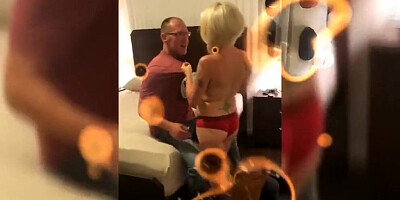 Inked blonde mature woman sucks a cock while being fucked