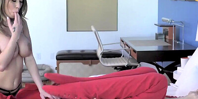 Busty MILF and petite stepdaughter are fucking with lucky guy