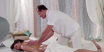 Mature masseur gently assfucks client with big natural tits