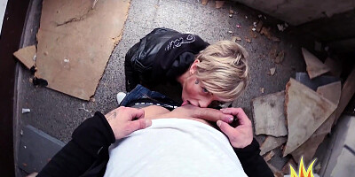 Short-haired blonde is sucking cock and fucking in the public place