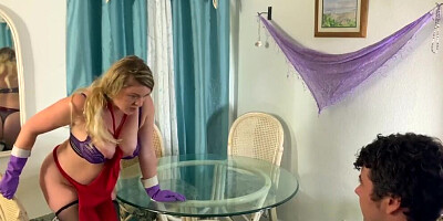 Stepmom caught masturbating at the table gets real cock