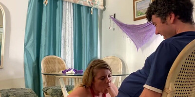 Stepmom caught masturbating at the table gets real cock