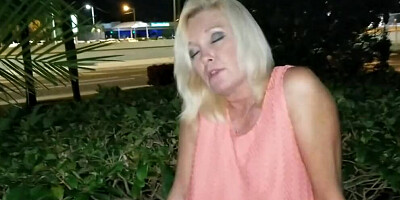 Blonde cougar Ms Paris Rose sucks a hard cock on the street