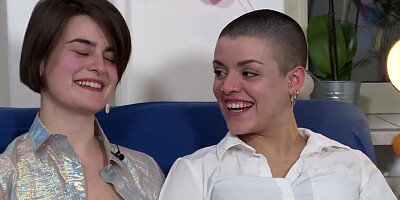 Short-haired babe gets touched and licked by her female friend