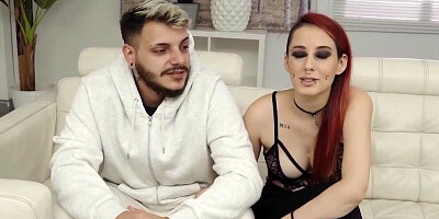 Redheaded babe sucks boyfriend's wood nad gets shagged on the couch