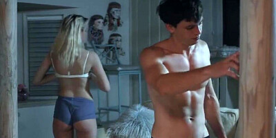 Blonde gal was masturbating next to her sleeping stepbro and talked him into having sex